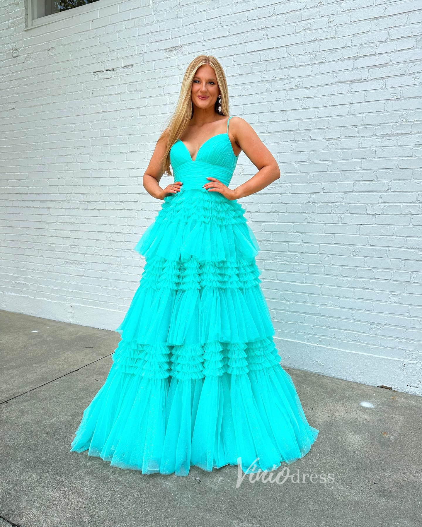 Spaghetti Strap Tiered Ruffle Prom Dresses 2024 Sparkly Tulle Formal Dresses FD2993 - Viniodressprom dressesAquaCustom Size - Formal Dresses - Ball Gowns