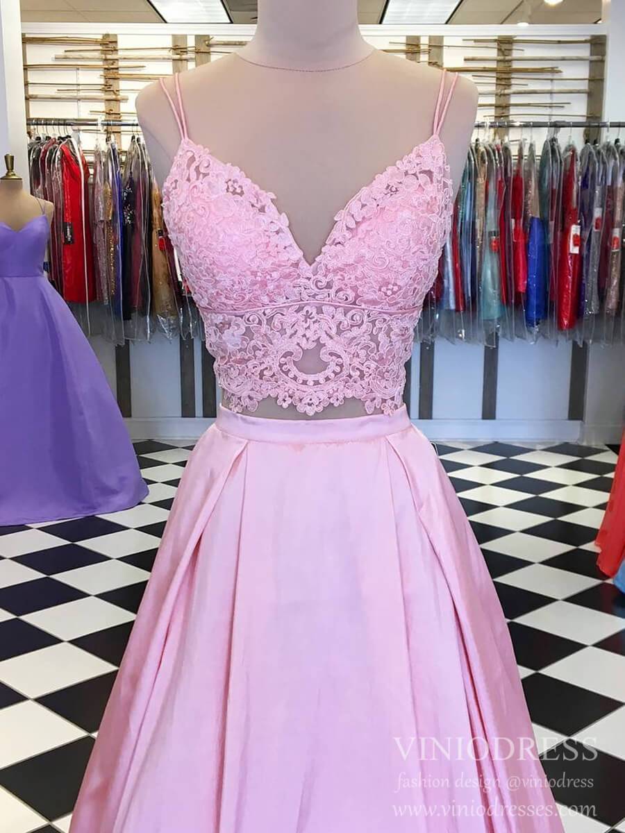 Prom Dress 2025 Spaghetti Strap Two Piece Pink Satin Prom Dresses Lace Bodice FD2125-unique prom dresses-Pink-Custom Size-Viniodress