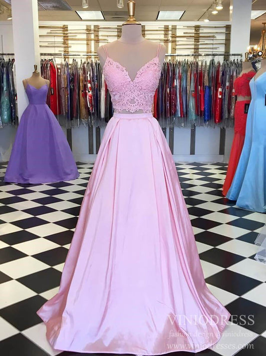 Prom Dress 2025 Spaghetti Strap Two Piece Pink Satin Prom Dresses Lace Bodice FD2125-unique prom dresses-Pink-Custom Size-Viniodress