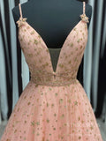 Prom Dress 2025 Spaghetti Strap V-neck Blush Pink Starry Prom Dress FD2532-unique prom dresses-As Picture-Custom Size-Viniodress