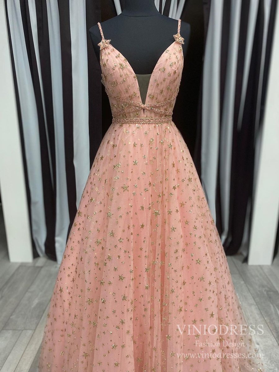 Prom Dress 2025 Spaghetti Strap V-neck Blush Pink Starry Prom Dress FD2532-unique prom dresses-As Picture-Custom Size-Viniodress