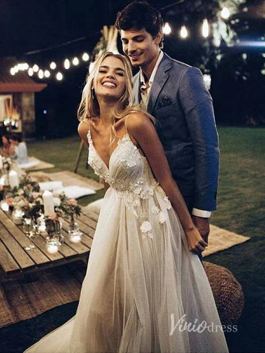 Spaghetti Strap V Neck Champagne Country Wedding Dress VW1127-wedding dresses 2025 -Viniodress-Champagne-Custom Size-