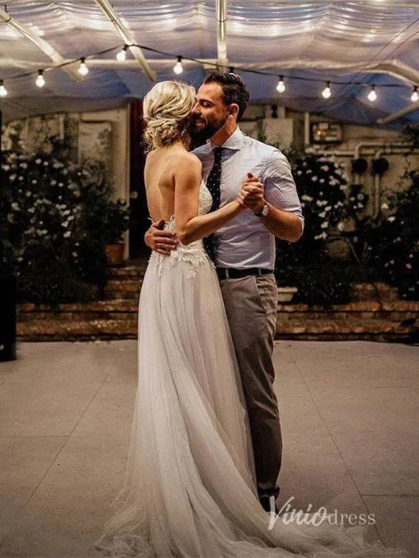 Spaghetti Strap V Neck Champagne Country Wedding Dress VW1127-wedding dresses 2025 -Viniodress-Champagne-Custom Size-