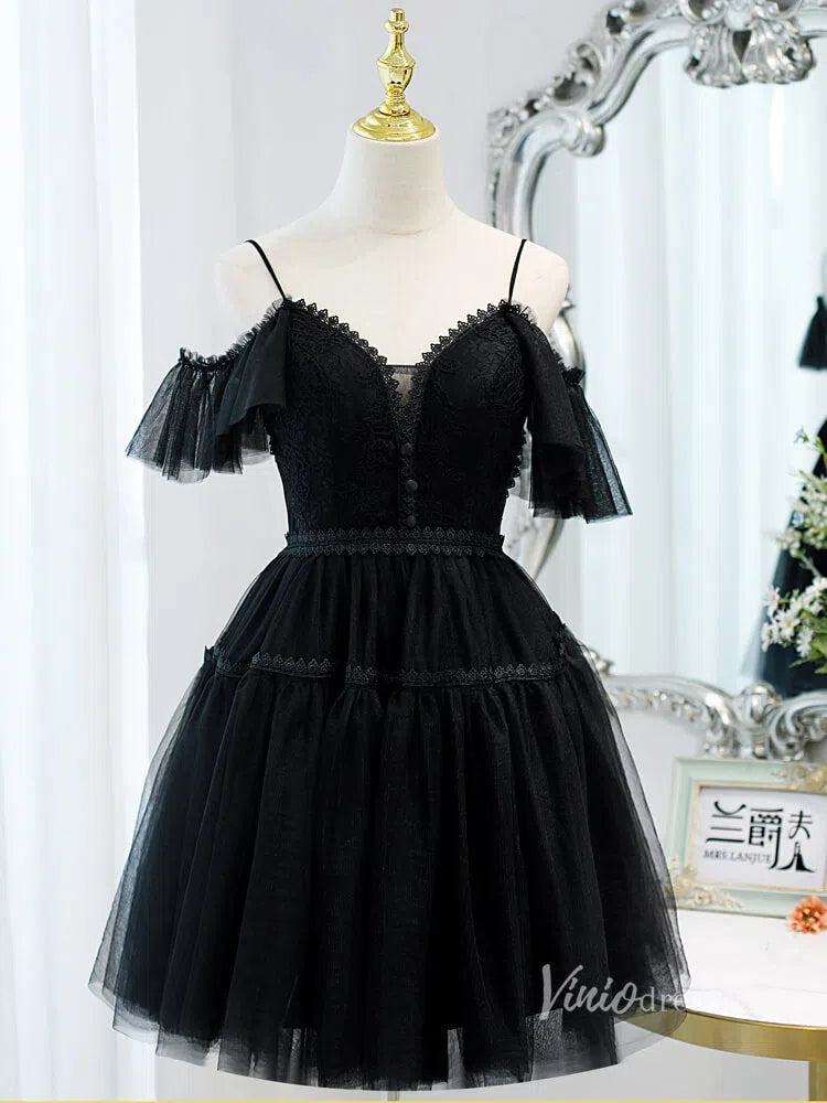 Spaghetti Strap V-neck Homecoming Dress SD1412-Homecoming Dresses 2025 -Viniodress-Cold Shoulder-Black-Custom Size