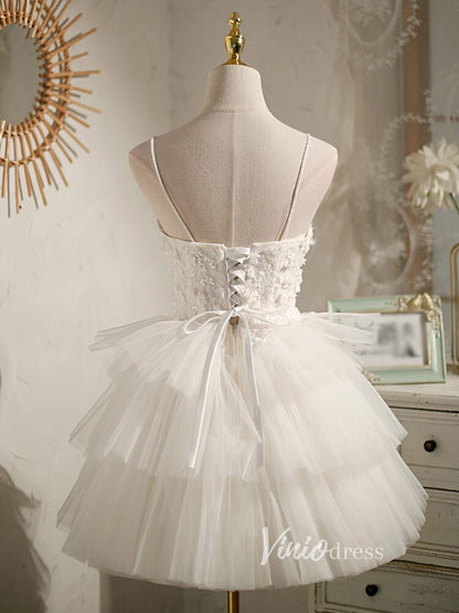 Spaghetti Strap V-neck Homecoming Dresses Layered Graduation Dress SD1460-Dresses 2025 -Viniodress-Ivory-Custom Size-