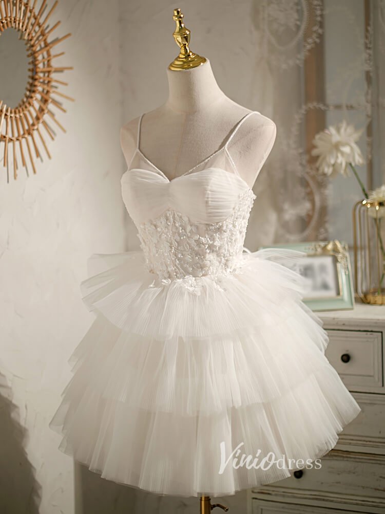 Spaghetti Strap V-neck Homecoming Dresses Layered Graduation Dress SD1460-Dresses 2025 -Viniodress-Ivory-Custom Size-