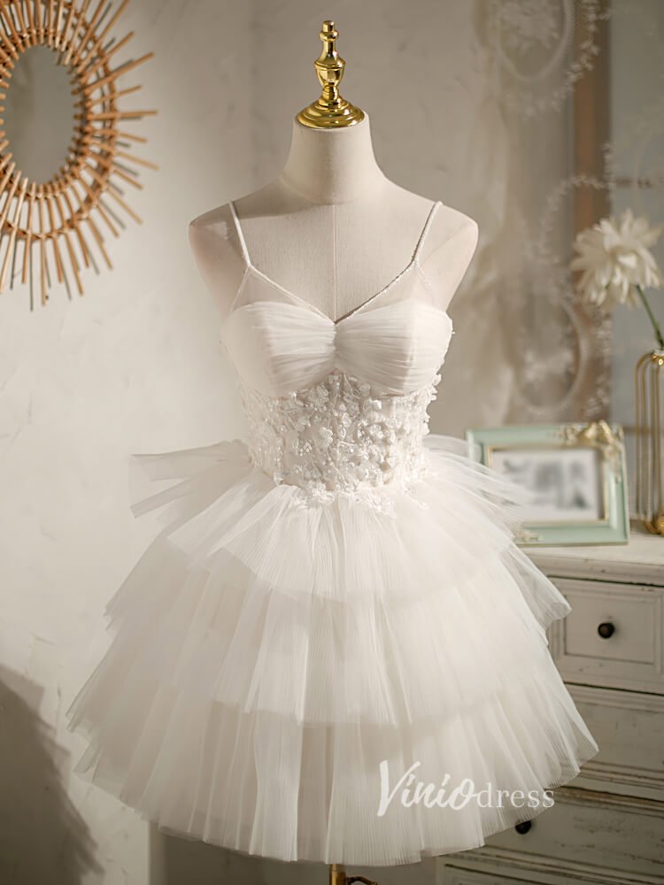 Spaghetti Strap V-neck Homecoming Dresses Layered Graduation Dress SD1460-Dresses 2025 -Viniodress-Ivory-Custom Size-