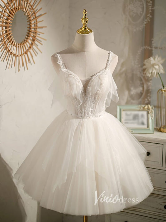 Spaghetti Strap V-neck Homecoming Dresses Short Graduation Dress SD1457-Dresses 2025 -Viniodress-Ivory-Custom Size-