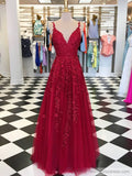 Spaghetti Strap V-neck Lace Applique Prom Dresses A-line Formal Dress FD1348-prom dresses-Viniodress-Dark Red-Custom Size-Viniodress