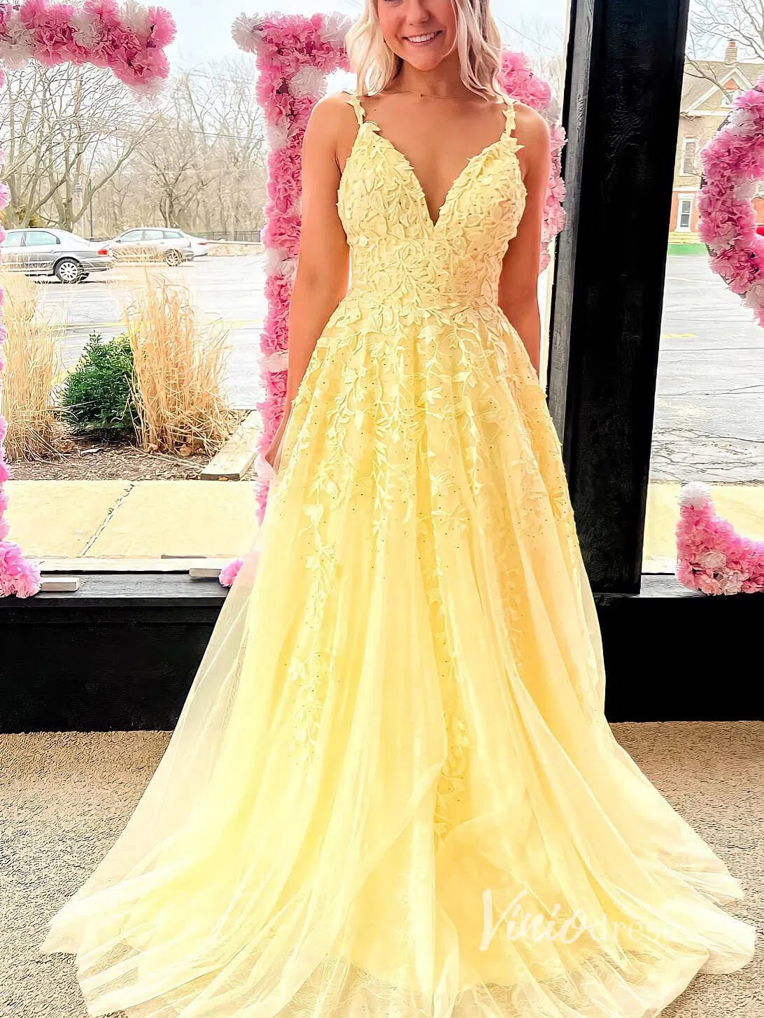 Spaghetti Strap V-neck Lace Applique Prom Dresses A-line Formal Dress FD1348-prom dresses-Viniodress-Yellow-Custom Size-Viniodress