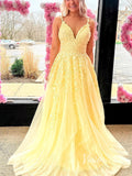 Spaghetti Strap V-neck Lace Applique Prom Dresses A-line Formal Dress FD1348