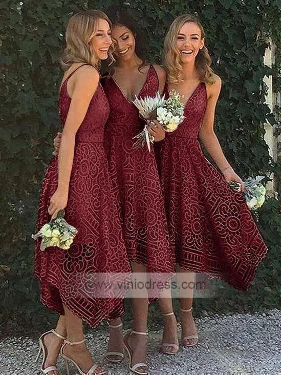 Spaghetti Strap V-neck Lace Bridesmaid Dresses Tea Length Asymmetric Hem VB1008-bridesmaid dresses-Viniodress-Burgundy-Custom Size-Viniodress