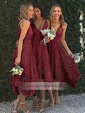 Spaghetti Strap V-neck Lace Bridesmaid Dresses Tea Length Asymmetric Hem VB1008-bridesmaid dresses-Viniodress-Burgundy-Custom Size-Viniodress