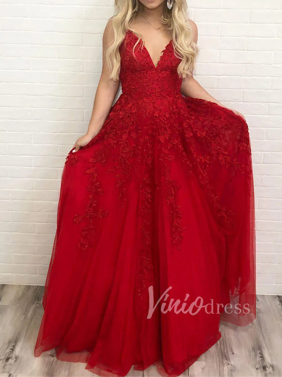 Spaghetti Strap V-neck Prom Dresses A-line Lace Applique Formal Dress FD1348-prom dresses 2025 -Viniodress-Dark Red-Custom Size-