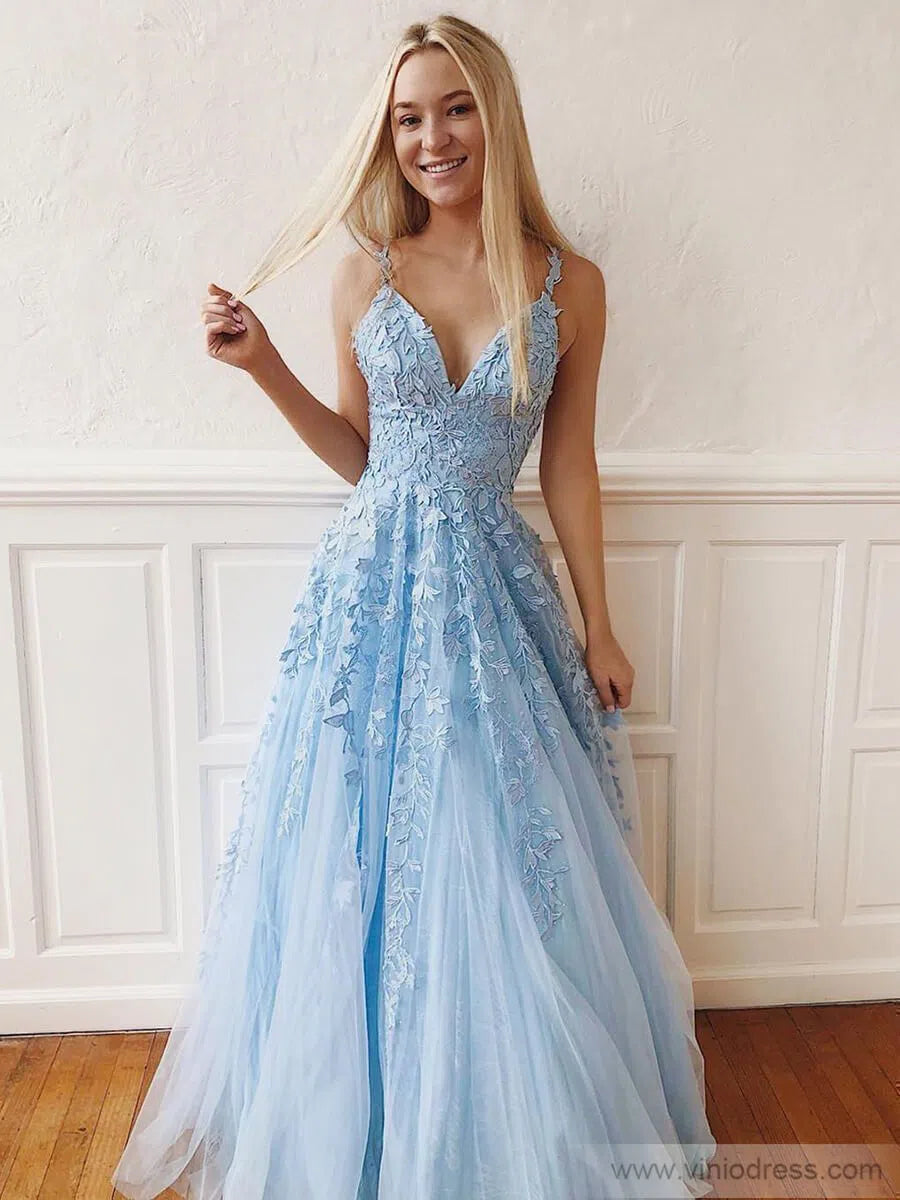 Spaghetti Strap V-neck Prom Dresses A-line Lace Applique Formal Dress Viniodress Spaghetti Strap V-neck Prom Dresses A-line Lace Applique Formal Dress Viniodress