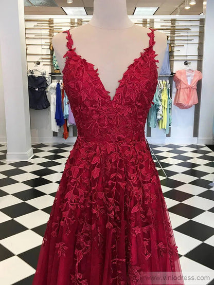Spaghetti Strap V-neck Prom Dresses A-line Lace Applique Formal Dress FD1348-prom dresses 2025 -Viniodress-Dark Red-Custom Size-
