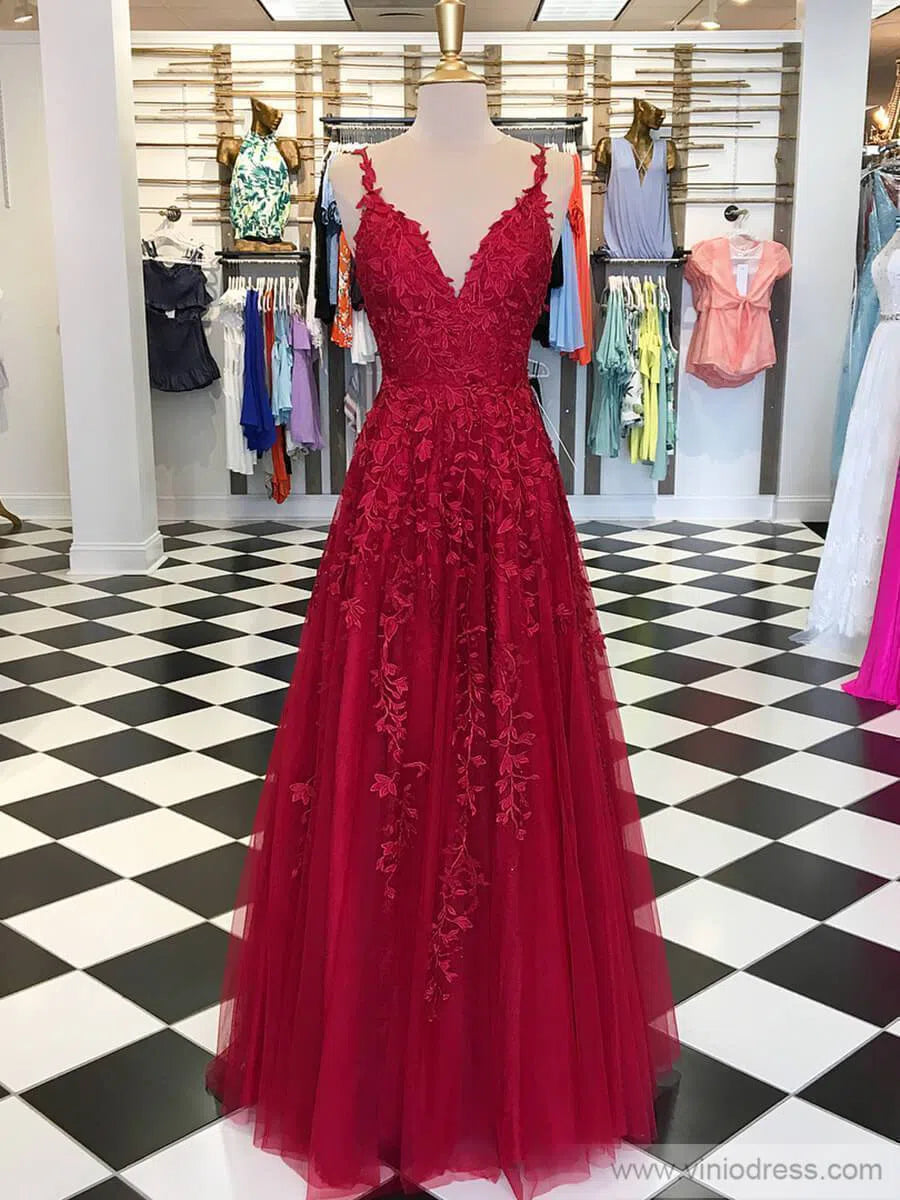 Spaghetti Strap V-neck Prom Dresses A-line Lace Applique Formal Dress FD1348-prom dresses 2025 -Viniodress-Dark Red-Custom Size-