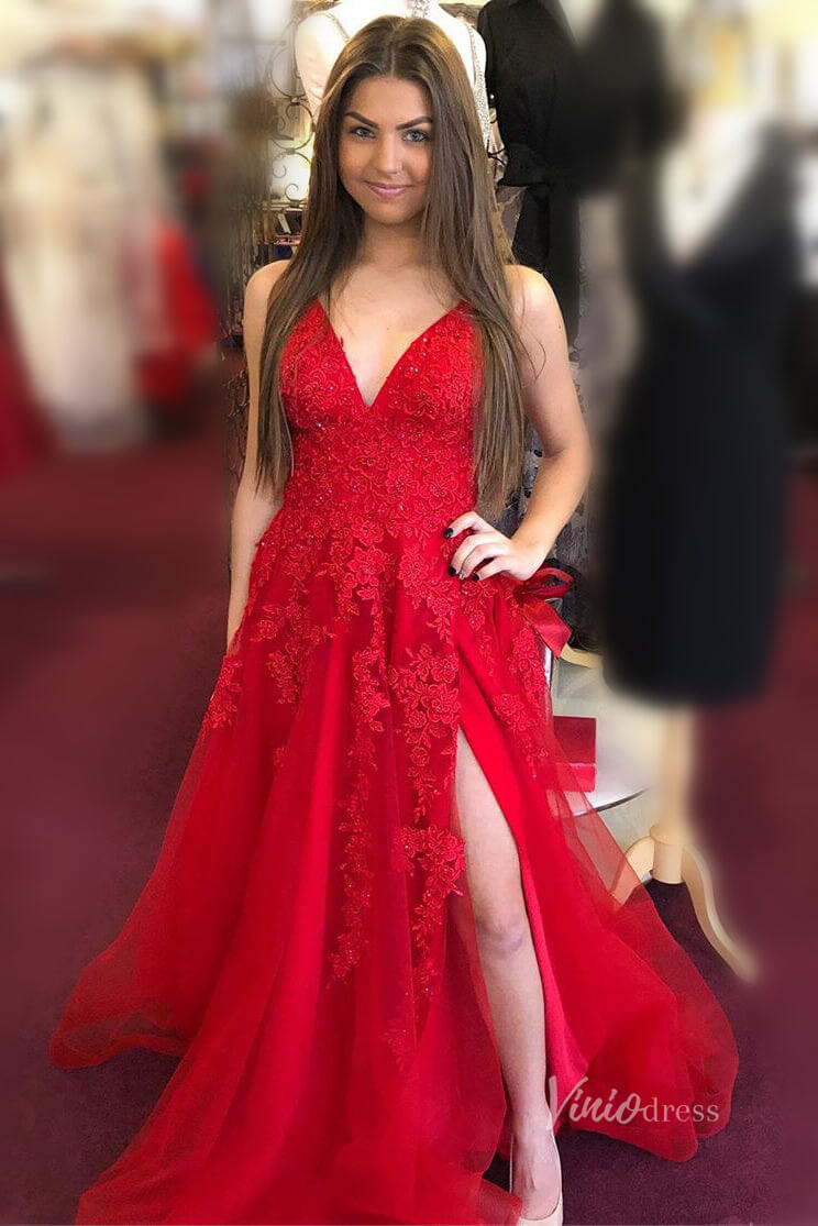 Spaghetti Strap V - neck Red Lace Prom Dresses with Slit FD2124B Lace - up Back - Viniodressprom dressesRedCustom Size - Formal Dresses - Ball Gowns