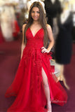 Spaghetti Strap V-neck Red Lace Prom Dresses with Slit FD2124B Lace-up Back-prom dresses-Viniodress-Viniodress