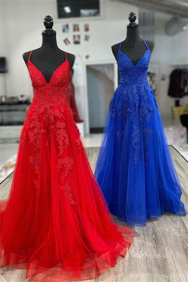 Spaghetti Strap V-neck Red Lace Prom Dresses with Slit FD2124B Lace-up Back-prom dresses-Viniodress-Viniodress