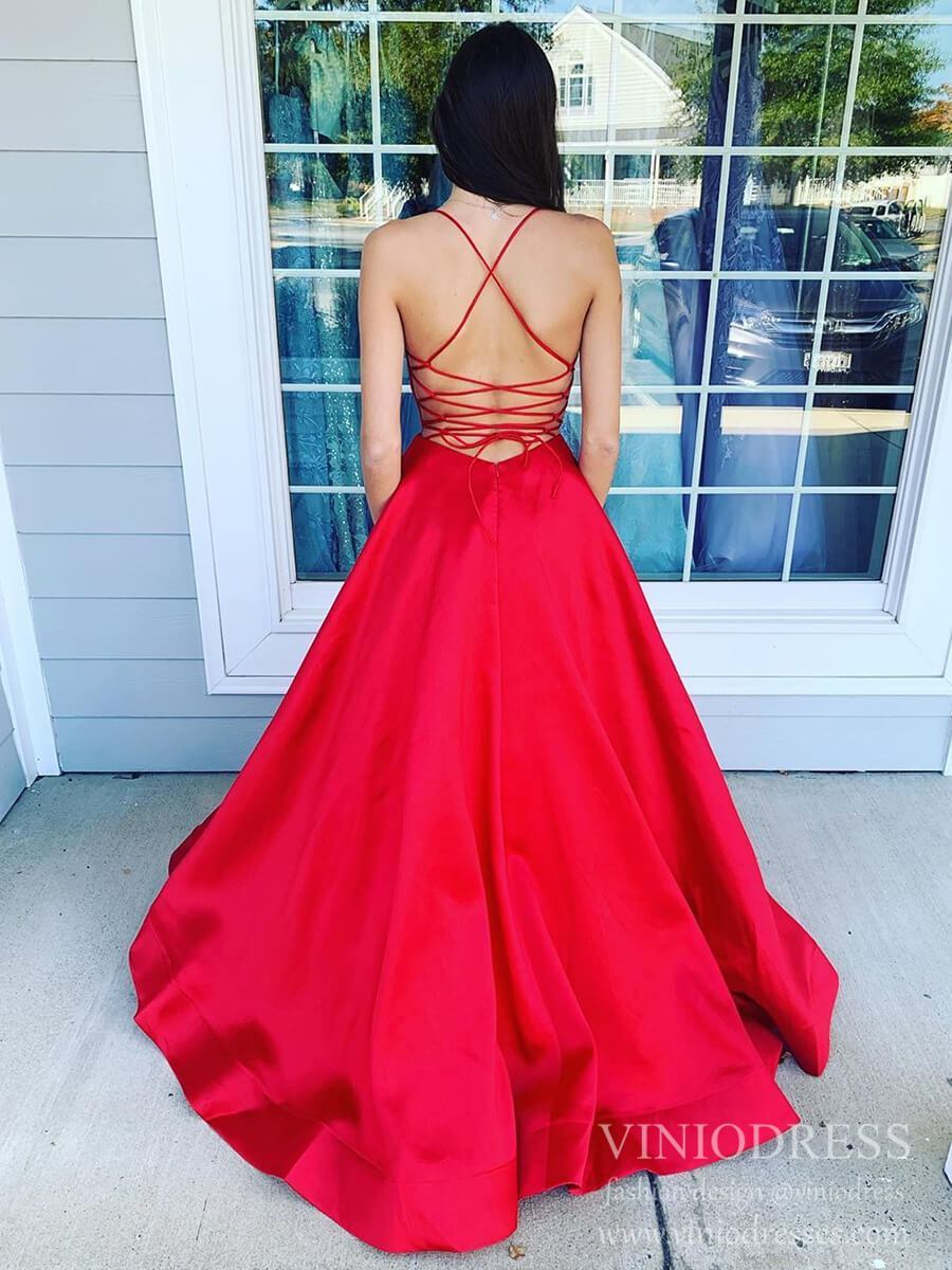 Prom Dress 2025 Cheap Spaghetti Strap V Neck Red Satin Prom Dresses Lace Up Back FD2029-unique prom dresses-Red-Custom Size-Viniodress