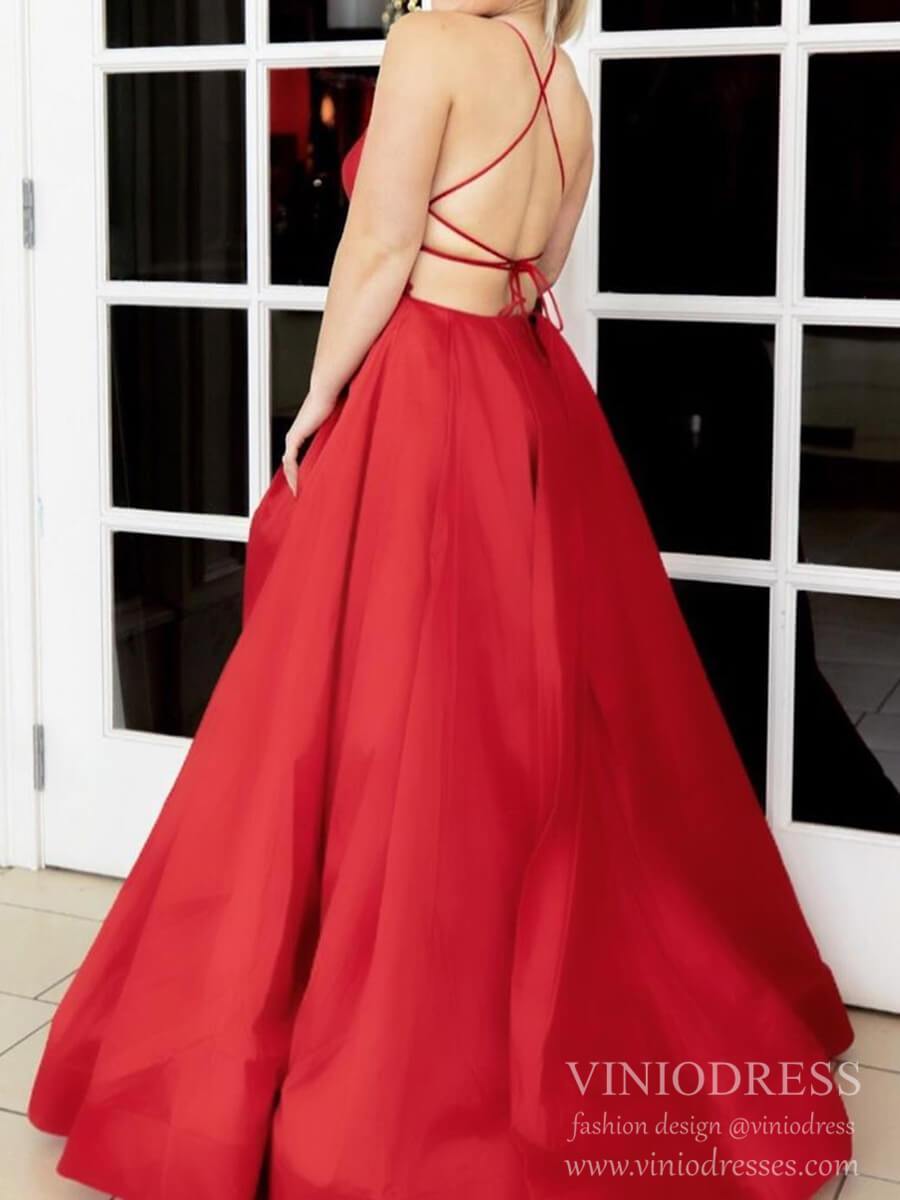 Prom Dress 2025 Spaghetti Strap V Neck Red Satin Prom Dresses with Slit FD2056-unique prom dresses-Red-Custom Size-Viniodress