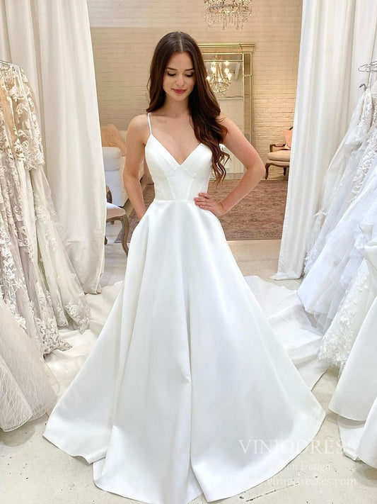Spaghetti Strap V-neck Satin Wedding Dresses with Pockets VW1873-wedding dresses 2025 -Viniodress-Ivory-Custom Size-
