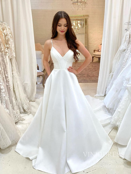 v neck dress spaghetti straps Spaghetti Strap V-neck Satin Wedding Dresses with Pockets VW1873 – Viniodress