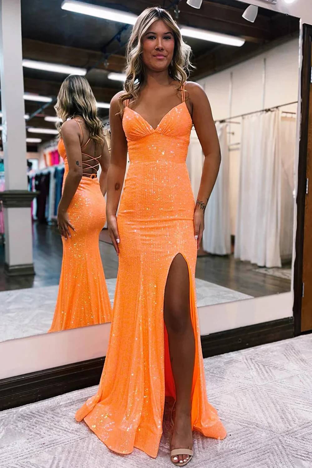 Spaghetti Strap V-neck Sequin Mermaid Prom Dresses with Slit SQ001-prom dresses 2026-Viniodress-Pink-Custom Size-