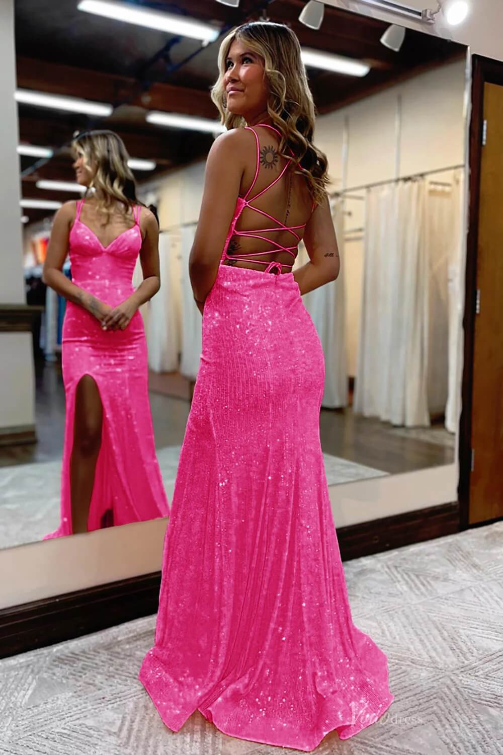 Spaghetti Strap V-neck Sequin Mermaid Prom Dresses with Slit SQ001-prom dresses 2026-Viniodress-Pink-Custom Size-