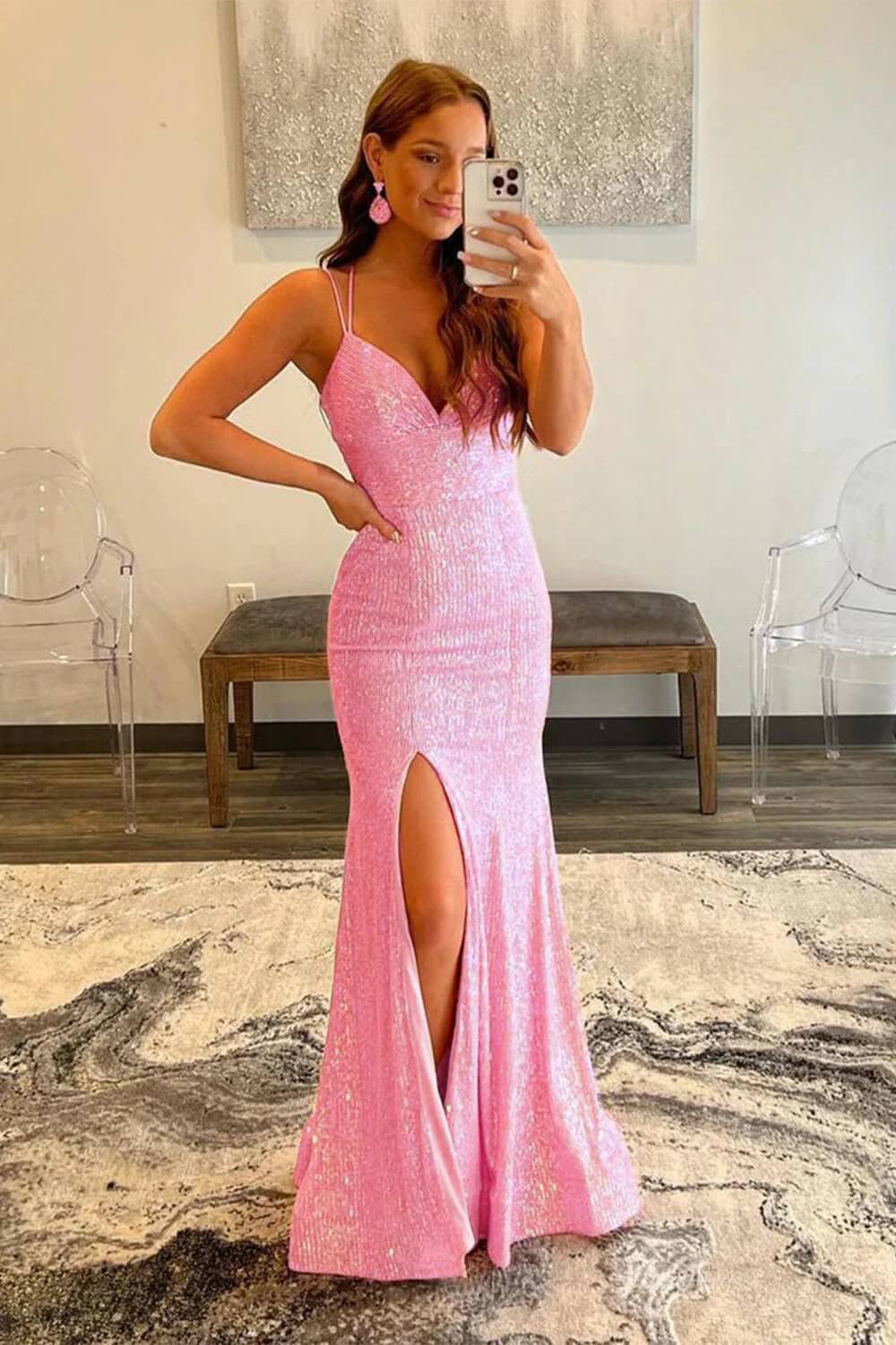 Spaghetti Strap V-neck Sequin Mermaid Prom Dresses with Slit SQ001-prom dresses 2026-Viniodress-Pink-Custom Size-