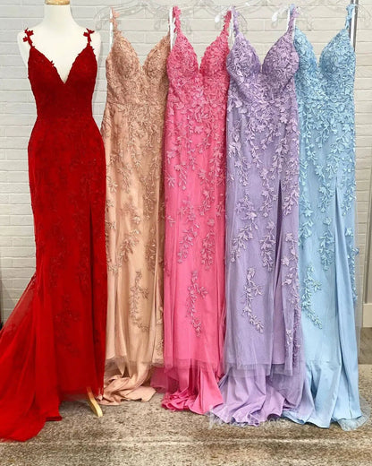 Spaghetti Strap Sheath Lace Prom Dress with Slit FD1250D-prom dresses 2025 -Viniodress-Hot Pink-Custom Size-