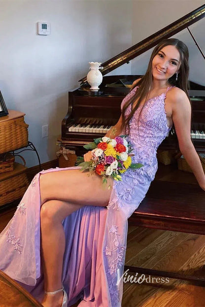 Spaghetti Strap Sheath Lace Prom Dress with Slit FD1250D-prom dresses 2025 -Viniodress-Hot Pink-Custom Size-