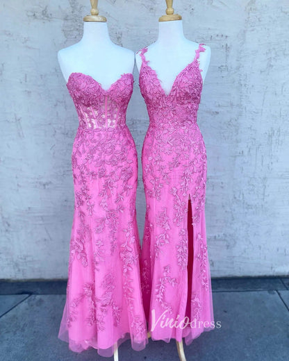 Spaghetti Strap Sheath Lace Prom Dress with Slit FD1250D-prom dresses 2025 -Viniodress-Hot Pink-Custom Size-