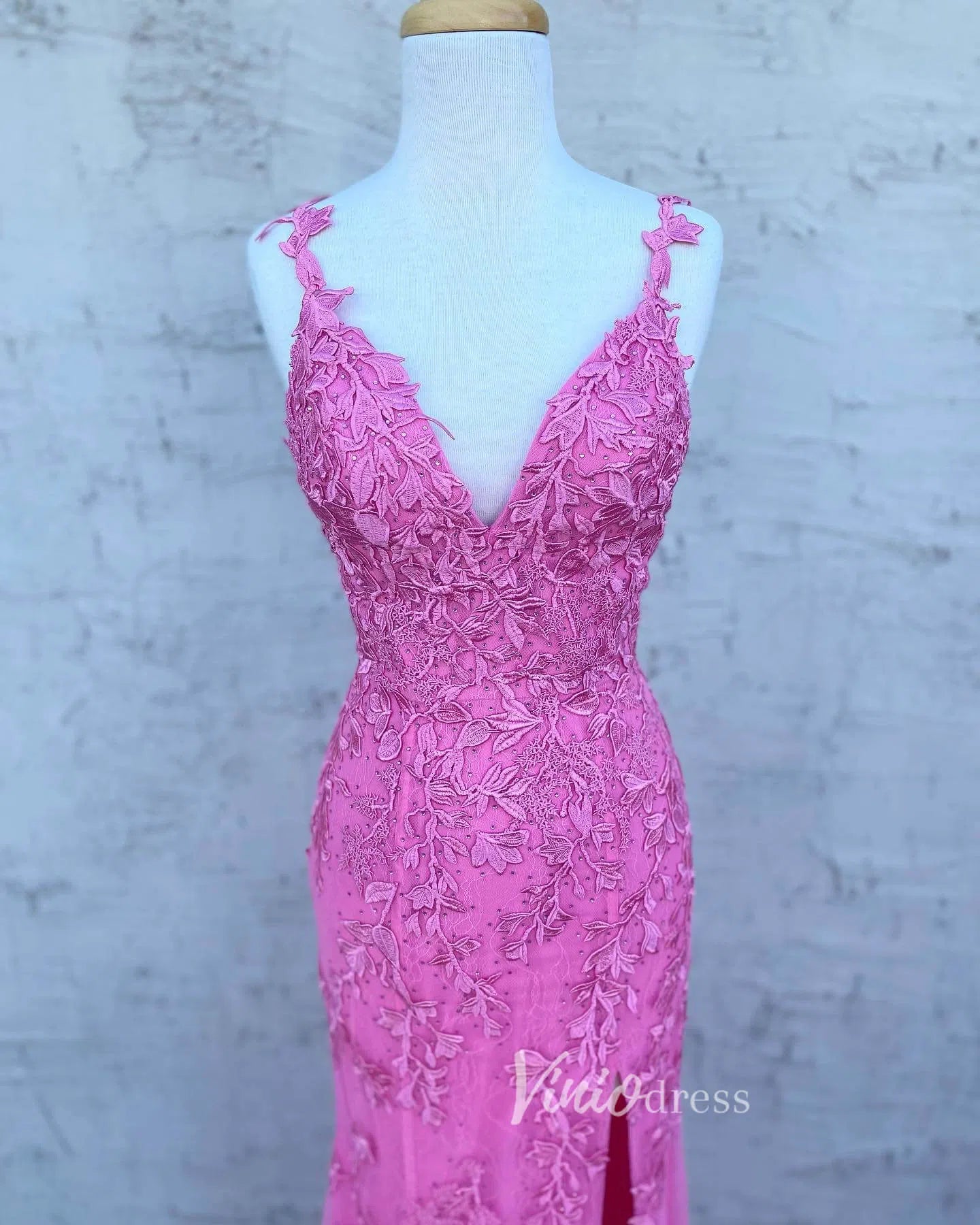 Spaghetti Strap Sheath Lace Prom Dress with Slit FD1250D-prom dresses 2025 -Viniodress-Hot Pink-Custom Size-