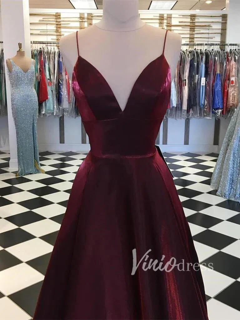 Spaghetti Strap V Neck Simple Prom Dresses Burgundy FD1408-prom dresses 2025 -Viniodress-Burgundy-US 2-