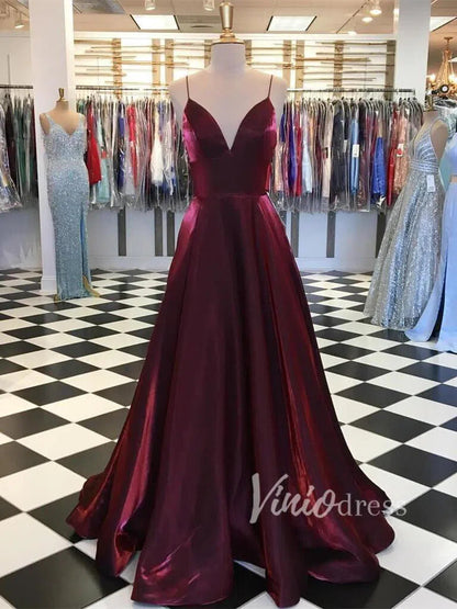 Spaghetti Strap V Neck Simple Prom Dresses Burgundy FD1408-prom dresses 2025 -Viniodress-Burgundy-US 2-