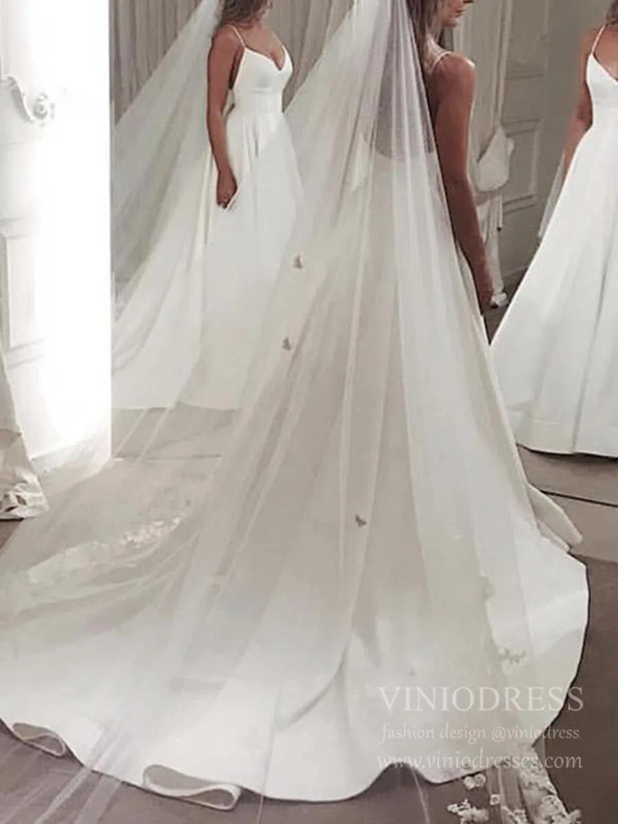 Spaghetti Strap V Neck Simple Wedding Dresses with Long Train VW1393-wedding dresses 2025 -Viniodress-Ivory-Custom Size-