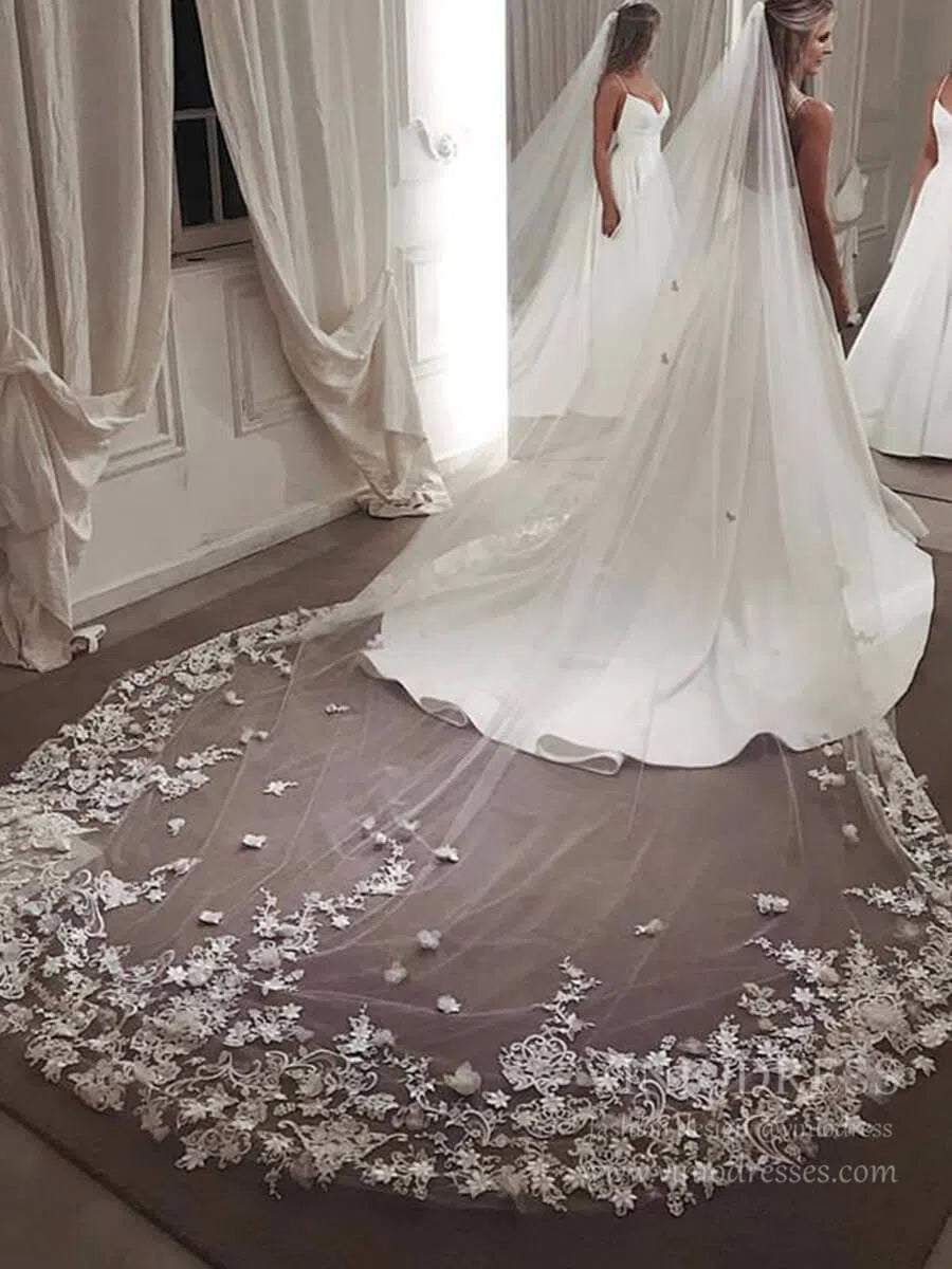 Spaghetti Strap V Neck Simple Wedding Dresses with Long Train VW1393-wedding dresses 2025 -Viniodress-Ivory-Custom Size-