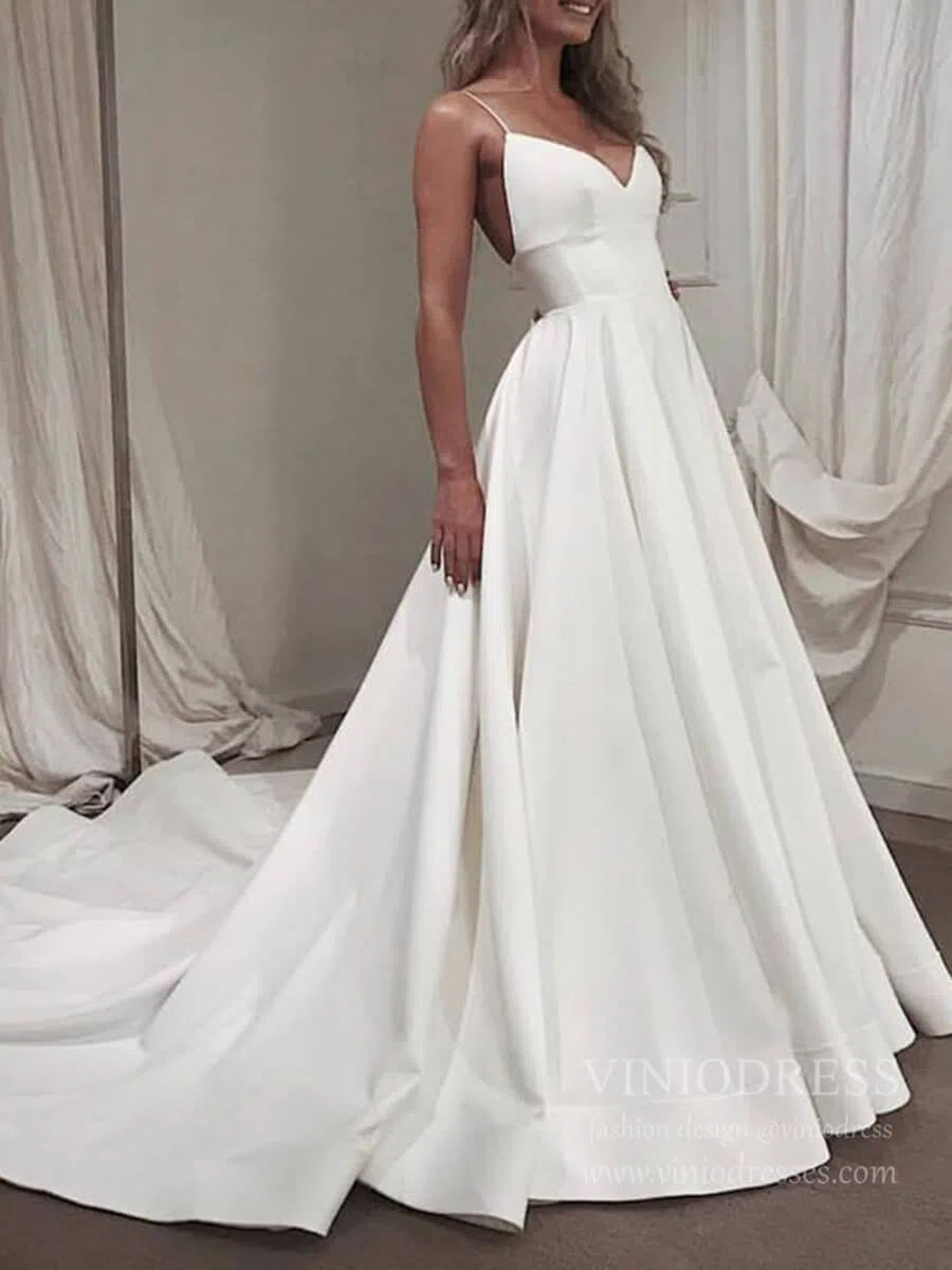 Spaghetti Strap V Neck Simple Wedding Dresses with Long Train VW1393-wedding dresses 2025 -Viniodress-Ivory-Custom Size-