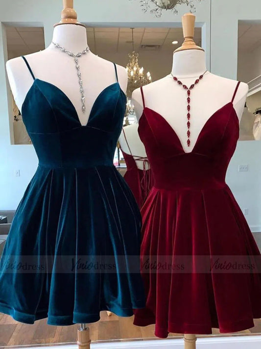 Spaghetti Strap Velvet Burgundy Homecoming Dresses SD1222-Homecoming Dresses 2025 -Viniodress-Burgundy-Custom Size-