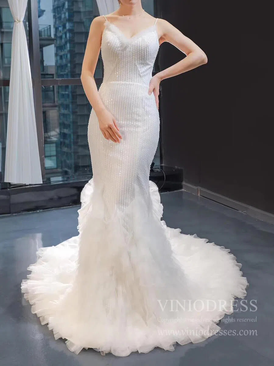 Spaghetti Straple Fully Beaded Memriad Wedding Dresses with Train VW1386-wedding dresses-Viniodress-Ivory-US 2-Viniodress