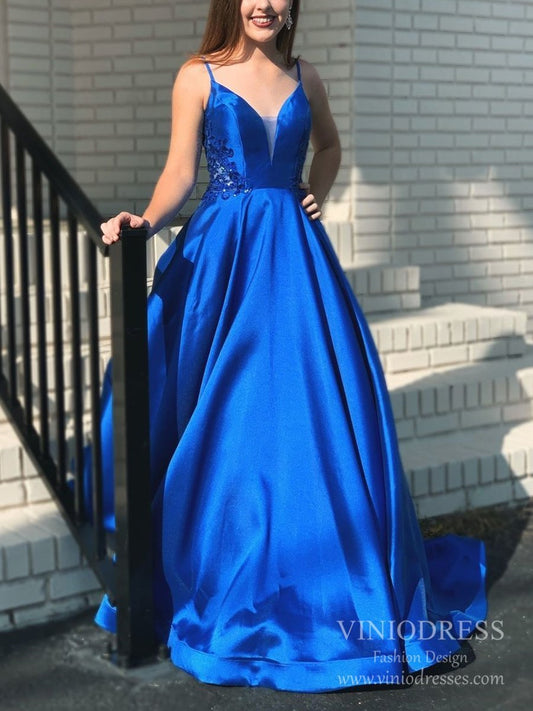Spaghetti Straple V-neck Royal Blue Satin Prom Dresses FD2519-prom dresses 2025 -Viniodress-Royal Blue-Custom Size-
