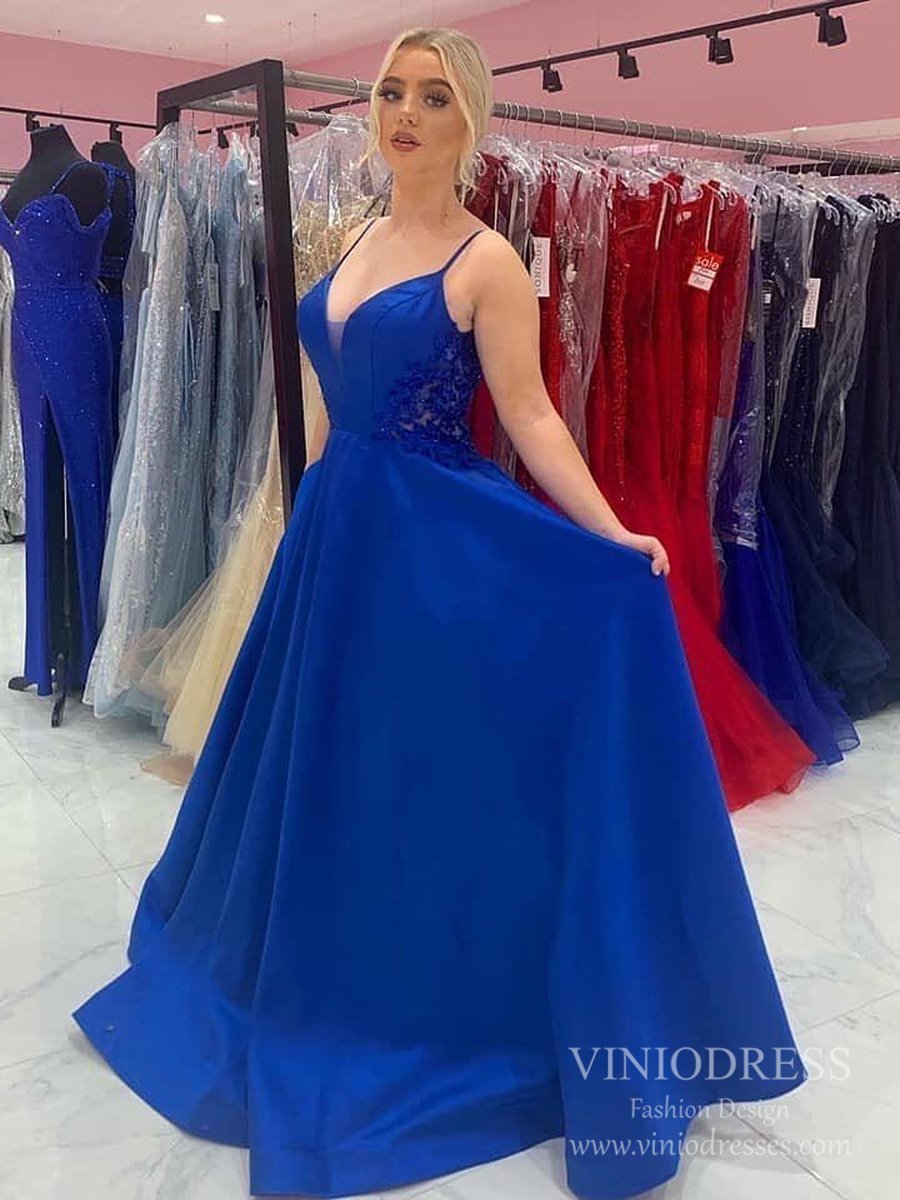 Spaghetti Straple V-neck Royal Blue Satin Prom Dresses FD2519-prom dresses 2025 -Viniodress-Royal Blue-Custom Size-