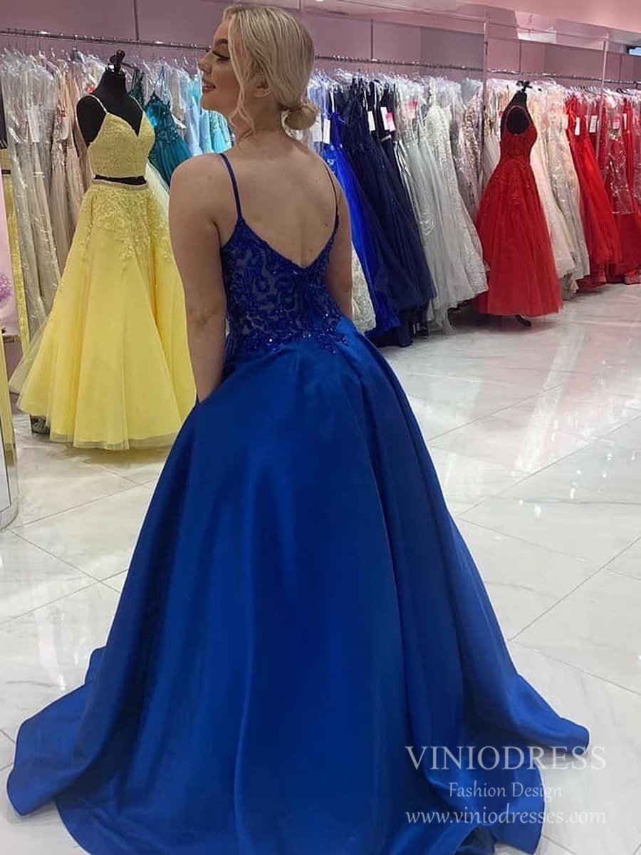 Spaghetti Straple V-neck Royal Blue Satin Prom Dresses FD2519-prom dresses 2025 -Viniodress-Royal Blue-Custom Size-