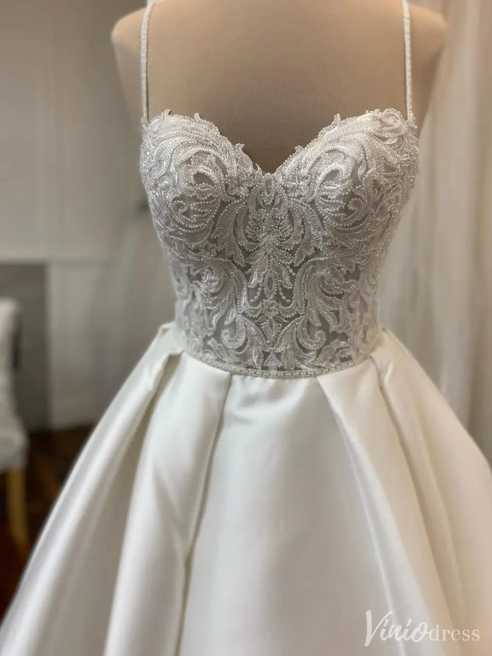 Sparkle Beaded Bodice Satin Ball Gown Wedding Dress with Straps – VW2548-wedding dresses 2025 -Viniodress-Ivory-Custom Size-