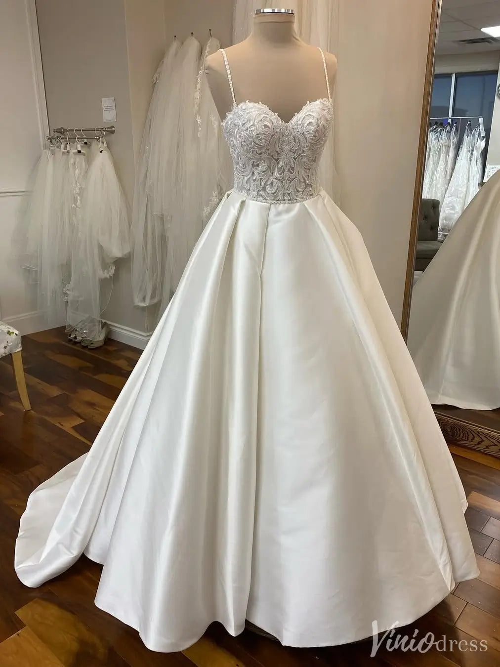 Sparkle Beaded Bodice Satin Ball Gown Wedding Dress with Straps – VW2548-wedding dresses 2025 -Viniodress-Ivory-Custom Size-