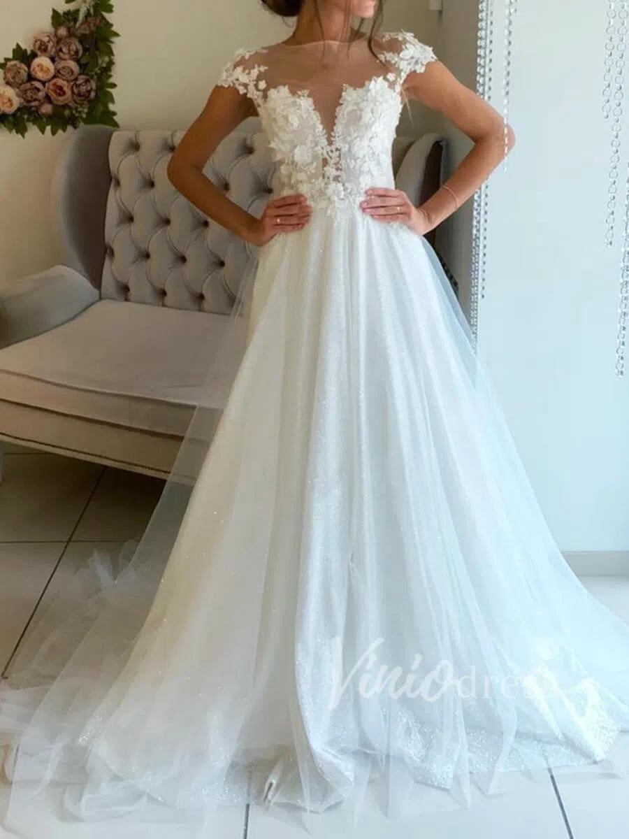 Sparkling Beach Wedding Dresses with 3D Floral Bodice VW1262-wedding dresses-Viniodress-Viniodress