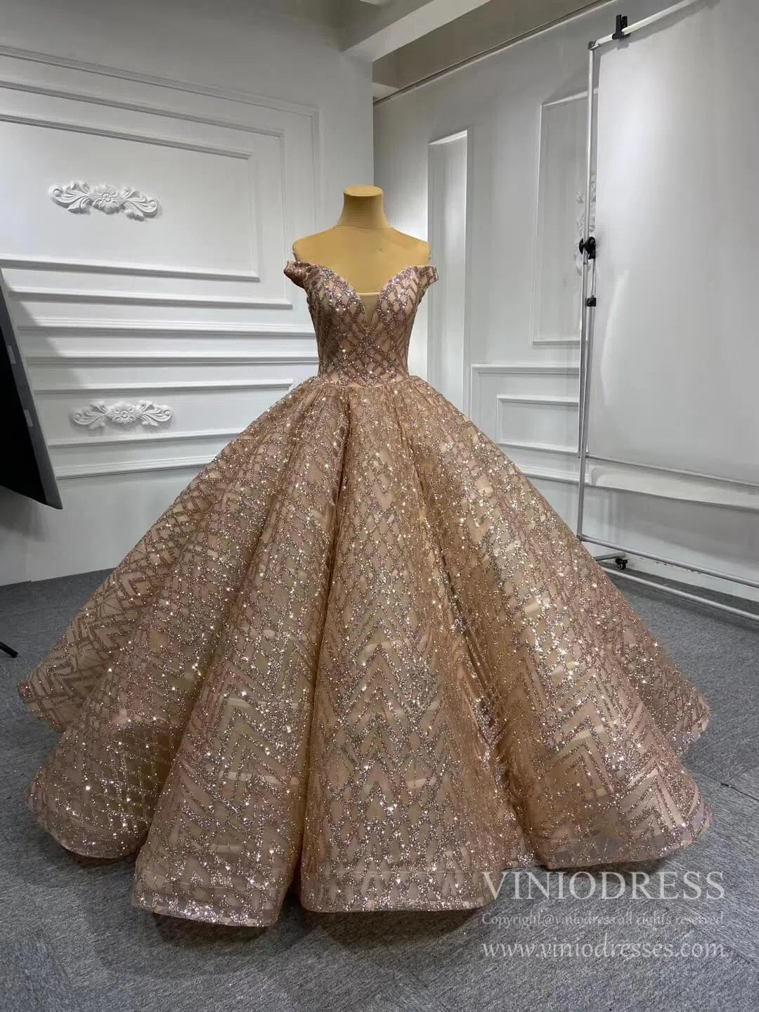 Sparkling Gold Ball Gown Prom Dresses Off Shoulder Quinceañera Dress viniodress-prom dresses 2025 -Viniodress-Please Add Cart Note-Rose Gold-US 2