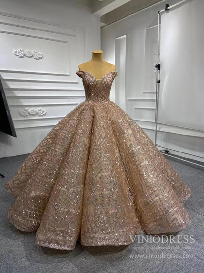 Sparkling Gold Ball Gown Prom Dresses Off Shoulder Quinceañera Dress viniodress-prom dresses 2025 -Viniodress-Please Add Cart Note-Rose Gold-US 2